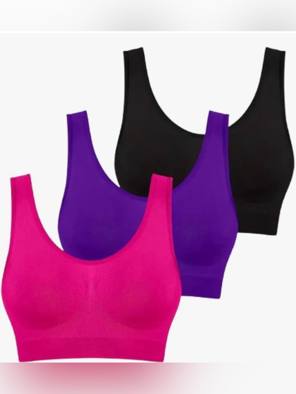 Boolavard Seamless Comfort Sports Bras - 3-Pack (Pink, Purple, Black) New Size